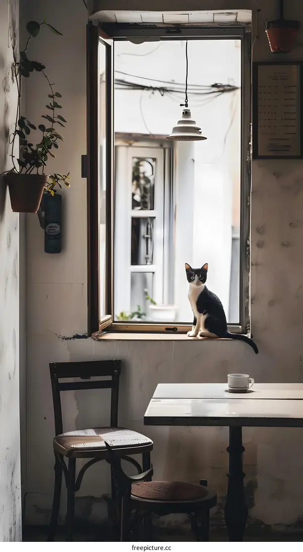 Black and White Cat Sitting in Window of Cafe
