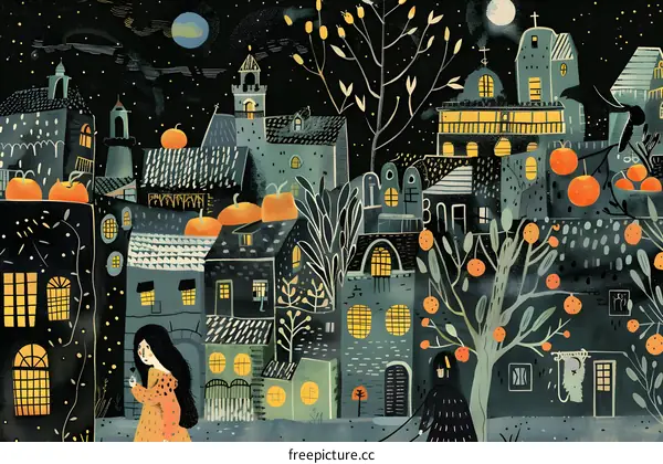 Nighttime Town with Two People Walking