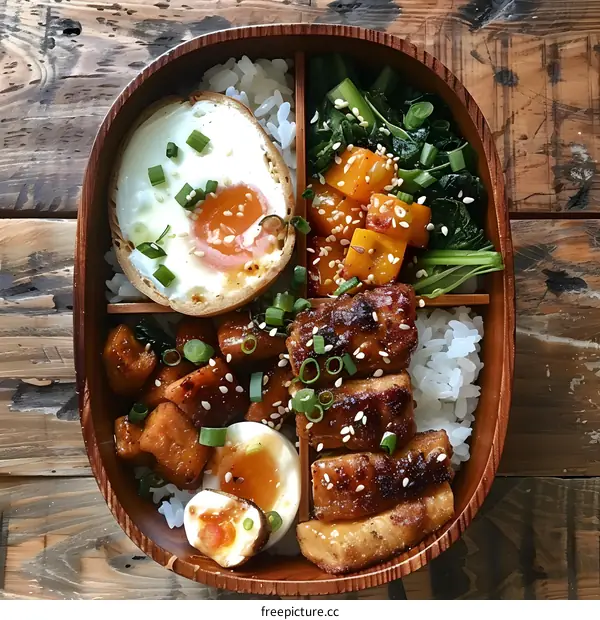 A delicious and healthy bento box with chicken, vegetables, and rice
