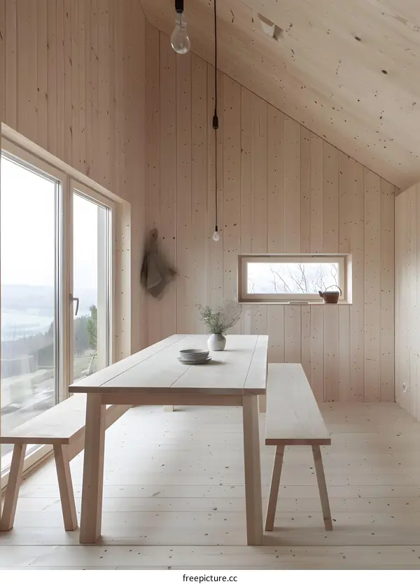 Wooden Interior Design With Farmhouse Table and Benches