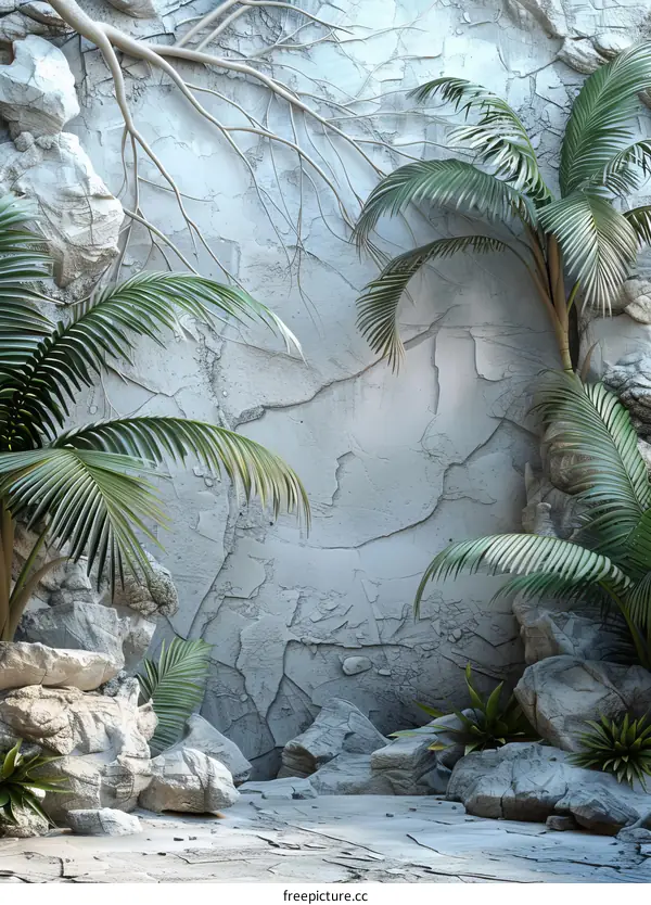 Tropical Stone Wall Scene Illustration