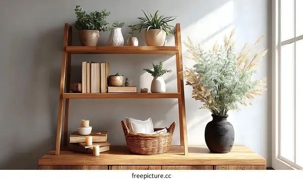 Wooden Shelving Unit with Greenery and Decor