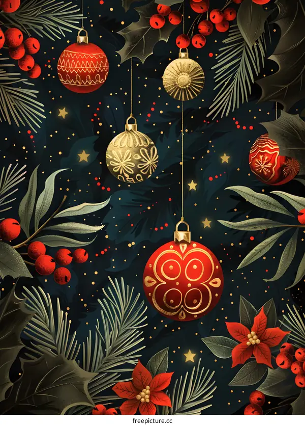 Christmas seamless pattern with hanging ornaments, poinsettias and holly