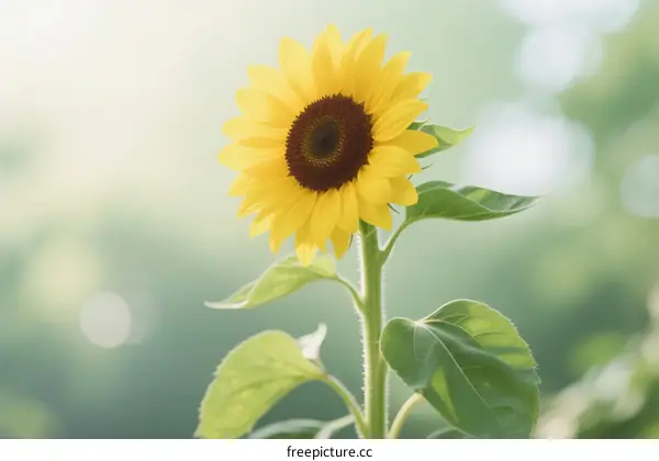 Vibrant Yellow Sunflower with Green Leaves in Natural Light