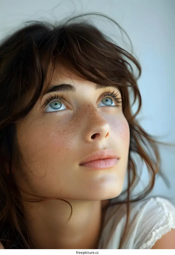 portrait of a young woman with freckles and blue eyes looking up