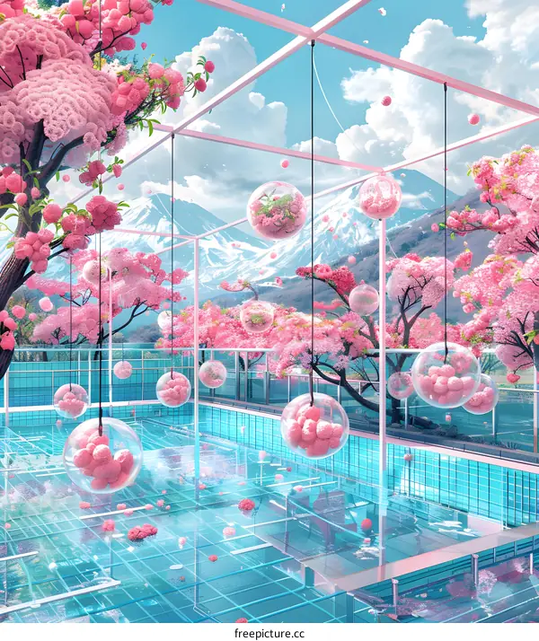 Pink Cherry Blossom Trees In A Glass Bubble Pool