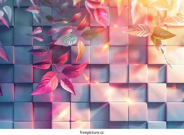 Pink and green leaves with a glowing white background