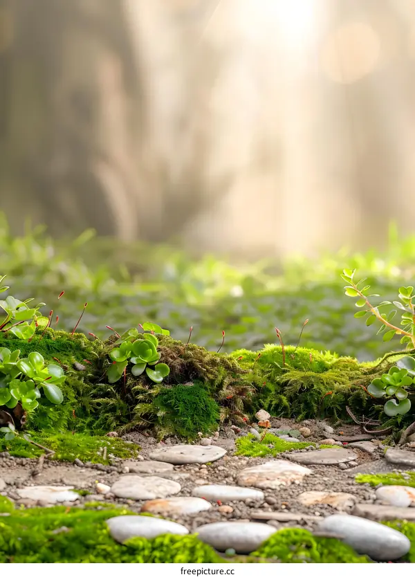 Green Mossy Stone Path in Sunlight