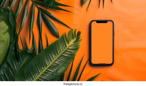 Orange Background with Smartphone and Tropical Leaves