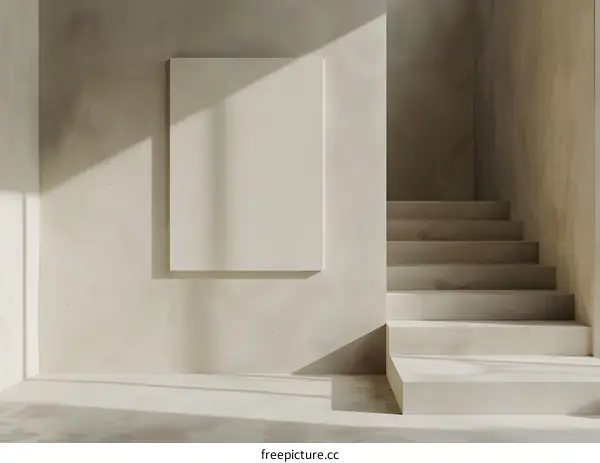 Minimalist Beige Interior Design With White Blank Canvas and Staircase