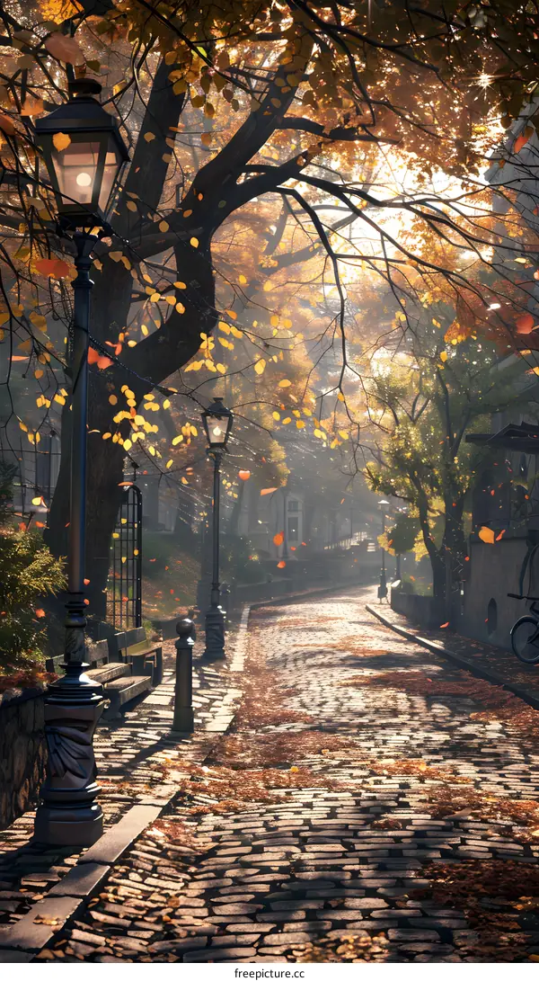 Charming and quiet European-style streetscape with stone road, street lamps and colorful autumn leaves