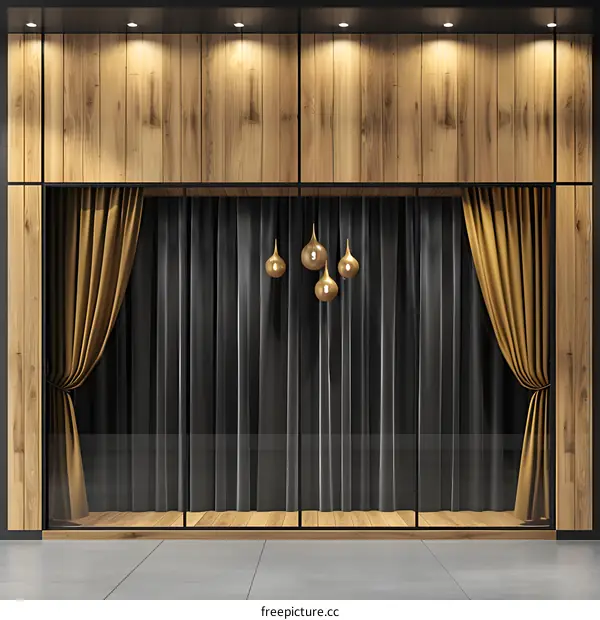 Modern Store Front With Wooden Panels And Gold Curtains