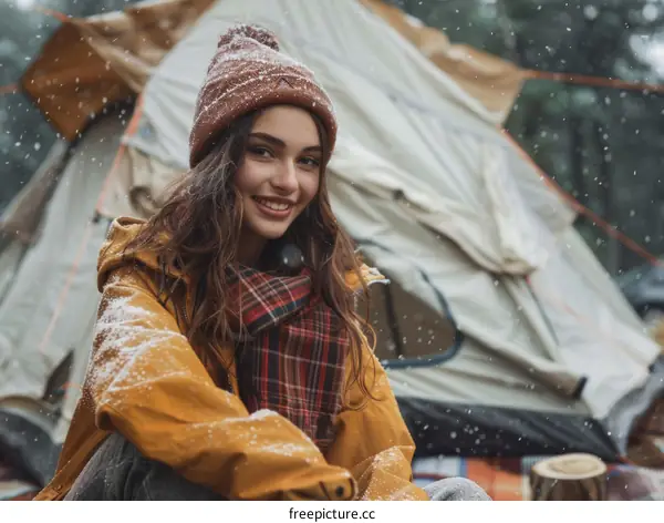 Young woman in warm clothes sitting in front of a tent in the snowy forest