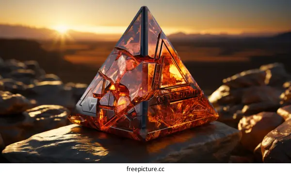 futuristic amber pyramid glowing in the desert