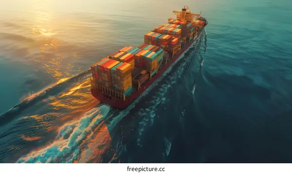A large container ship sails through the ocean at sunset