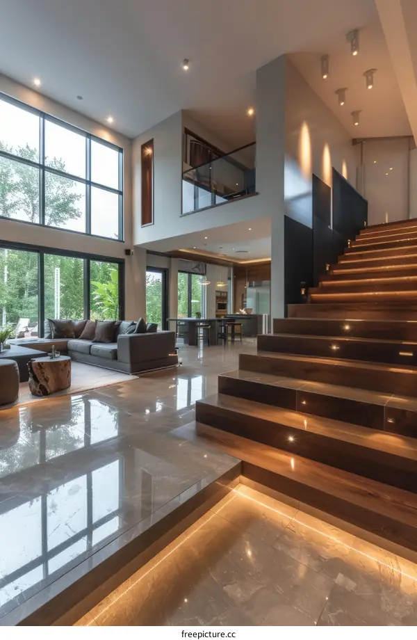 Contemporary Open Plan Living Room with Expansive Windows and Staircase
