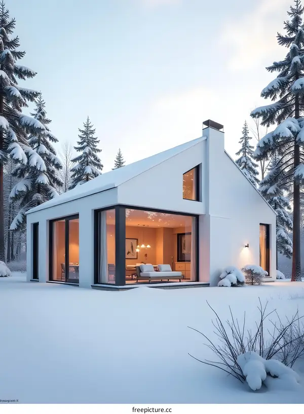 Modern Winter Cabin in Snowy Woods