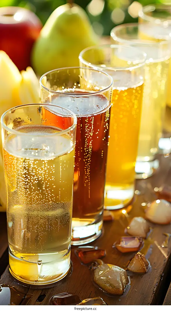 Close up of Four Glasses of Sparkling Cider on Wooden Table with Ice