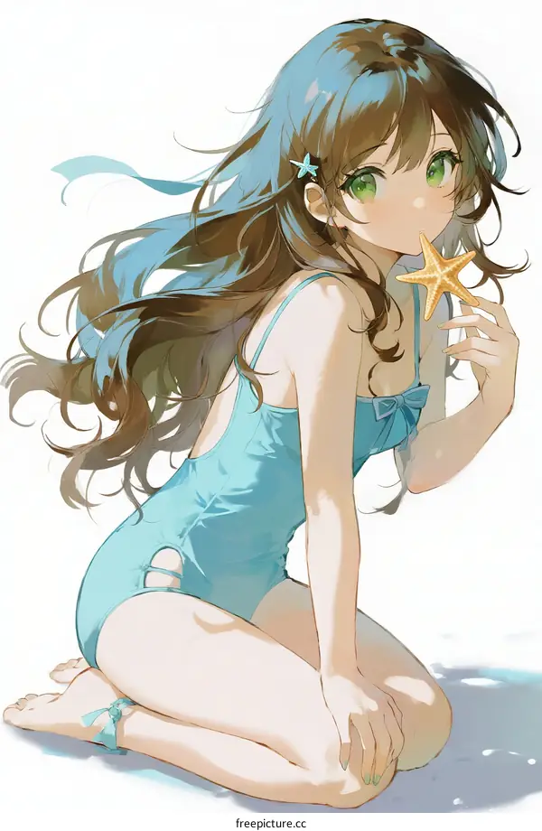 Young Girl in Blue Swimsuit with Starfish on Beach