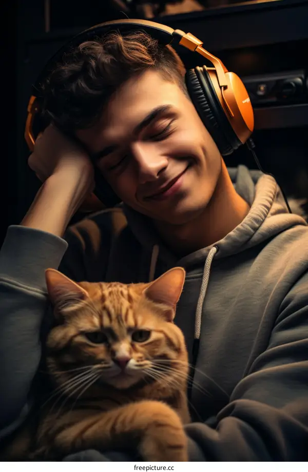 A young man is listening to music with his cat
