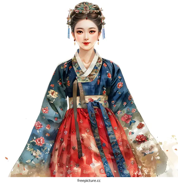 A beautiful illustration of a woman wearing a hanbok, a traditional Korean dress