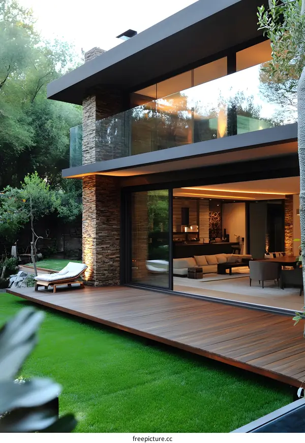 Modern Home with Wooden Deck and Green Grass