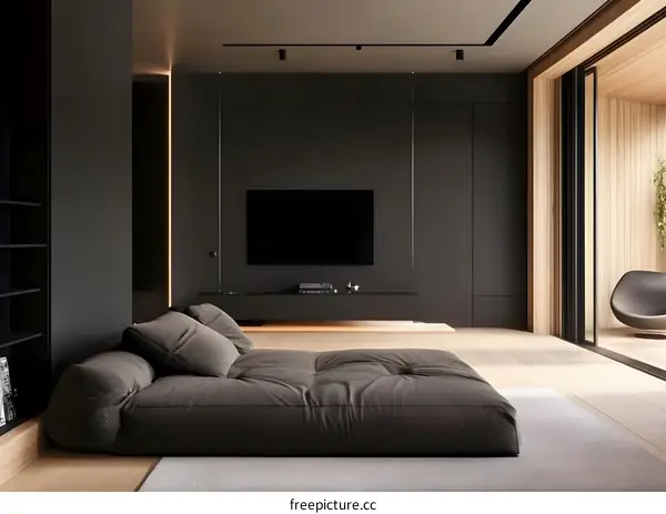 Modern Minimalist Living Room Interior Design with Grey Sofa and TV