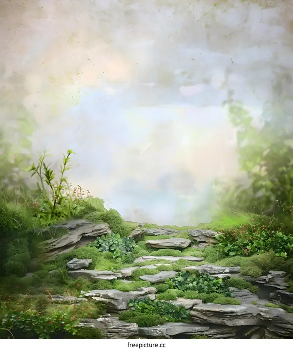 Stone Path Through Lush Green Mossy Landscape