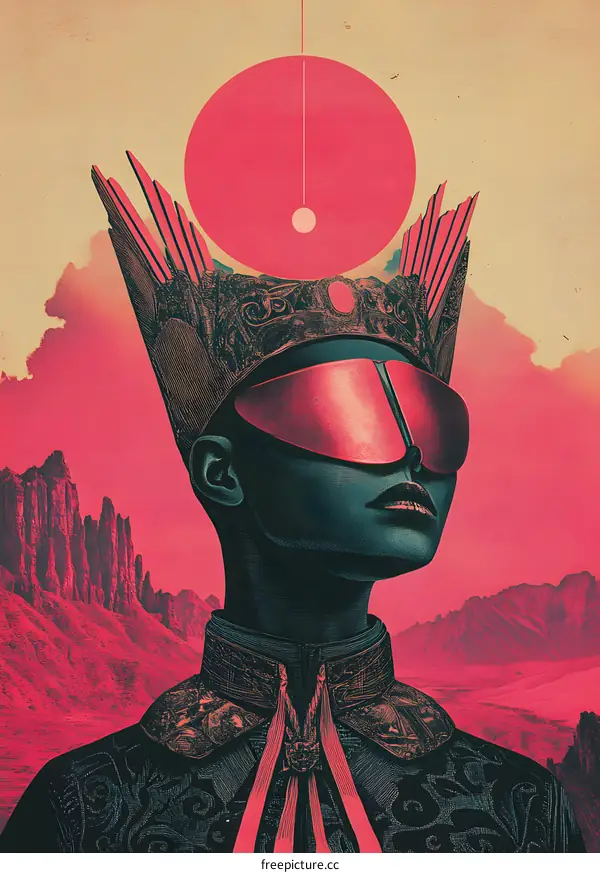 Digital Portrait of a Woman with a Crown in a Red and Black Color Scheme