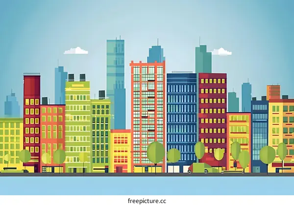 Colorful Cityscape Illustration with Skyscrapers and Trees