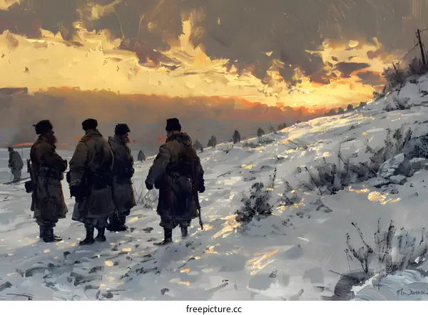 A group of soldiers looking at the sunset