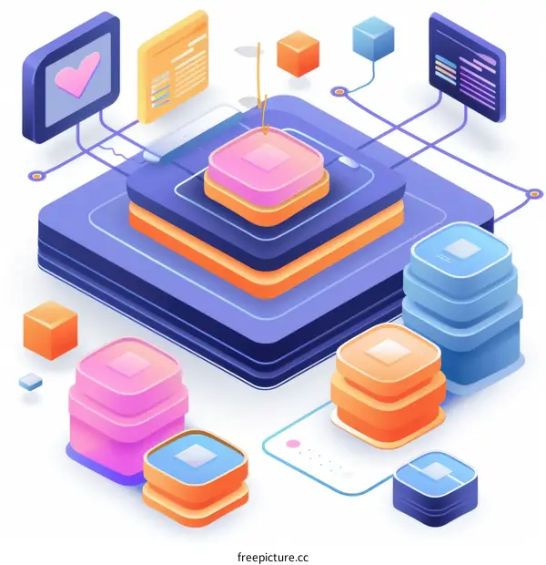 Isometric illustration of a data center with servers and network connections