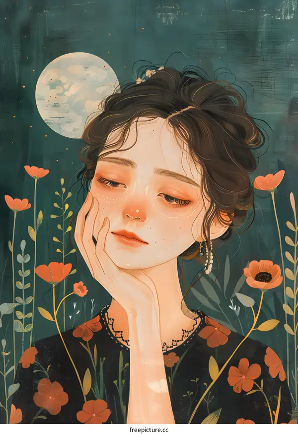 girl with flowers and moon