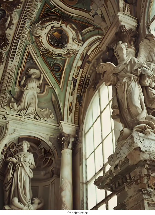 An angel statue in a church with a beautiful painted ceiling