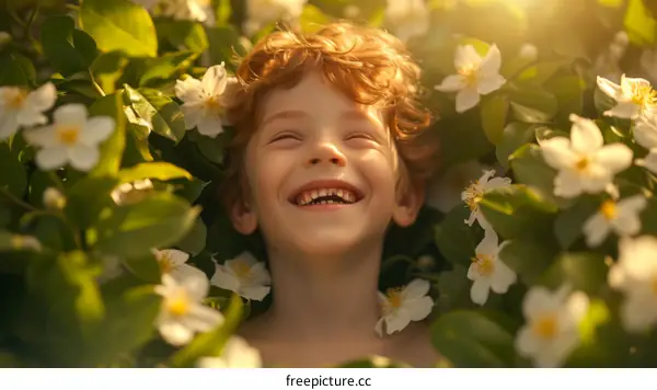 Little boy with red hair lying in a field of flowers