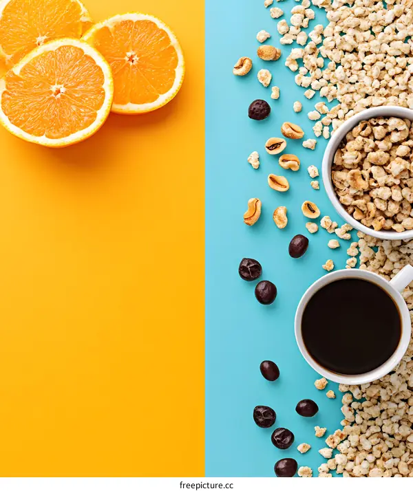 Breakfast with Orange Slices, Coffee and Cereal