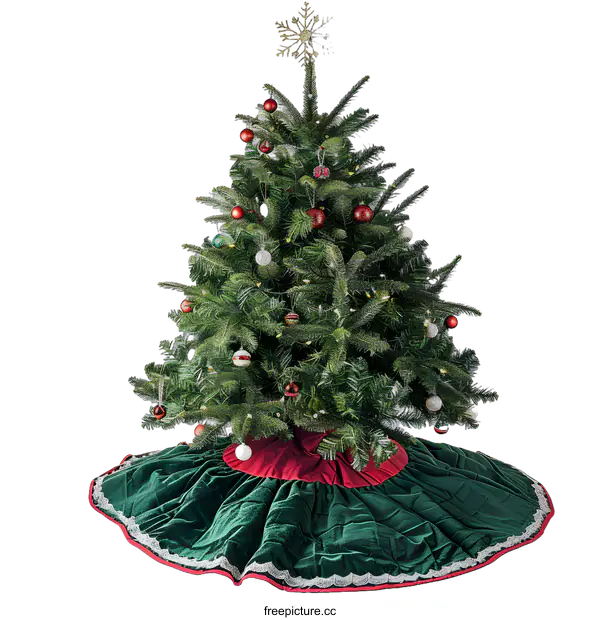 [Transparent Background PNG]Green Christmas Tree With Red Ornaments And A Velvet Skirt