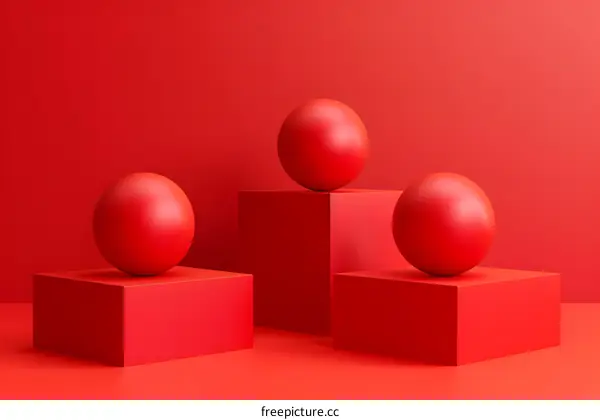 Red Sphere on Red Cube Minimalist Abstract Background