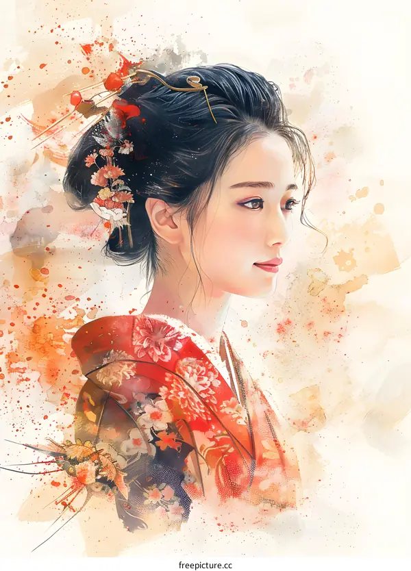 Watercolor Portrait of a Woman in Traditional Japanese Kimono