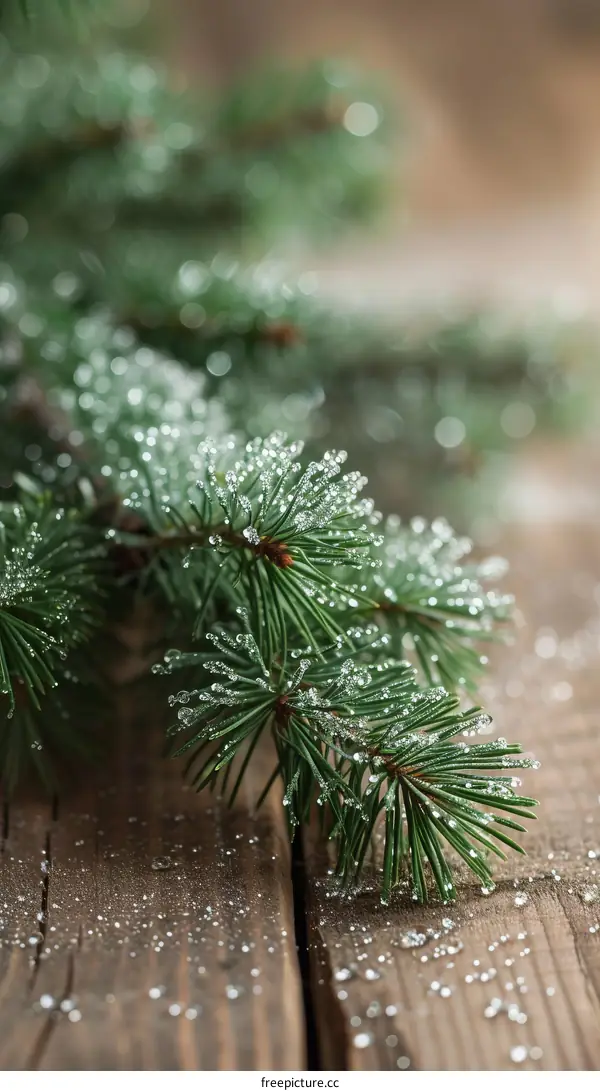 Close up of a fir tree branch with water drops on a wooden background