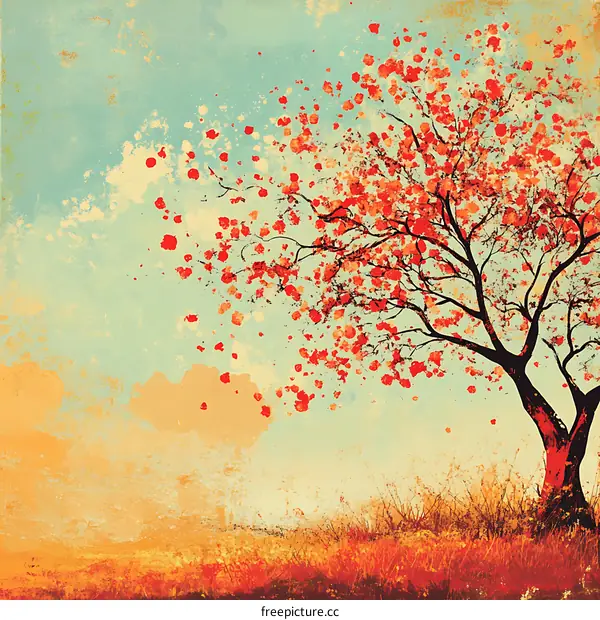 Autumn Tree Landscape with Falling Leaves