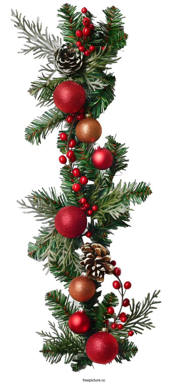 [Transparent Background PNG]Christmas Garland with Red and Gold Ornaments on White Background