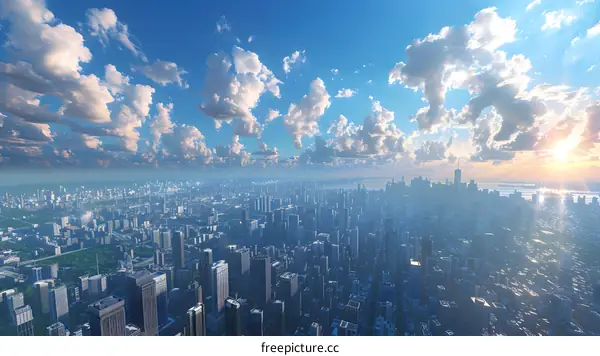 Cityscape of a modern city with skyscrapers and a blue sky