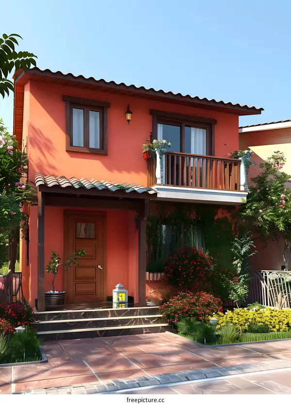 Red Spanish Style House with Balcony
