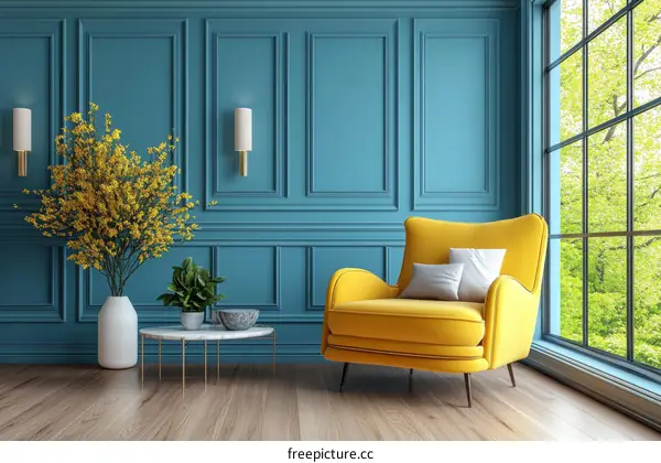 Stylish Teal Room with Yellow Armchair