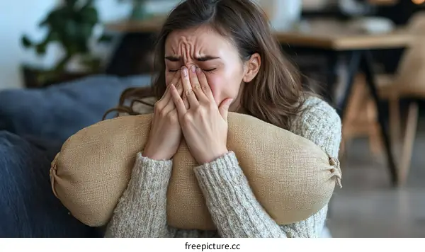 Woman Crying and Holding Pillow