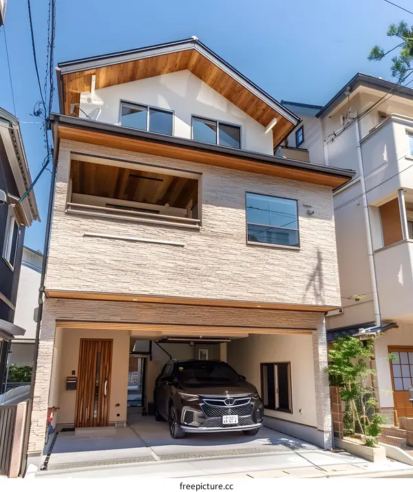 Modern Two Story House with Garage and Car