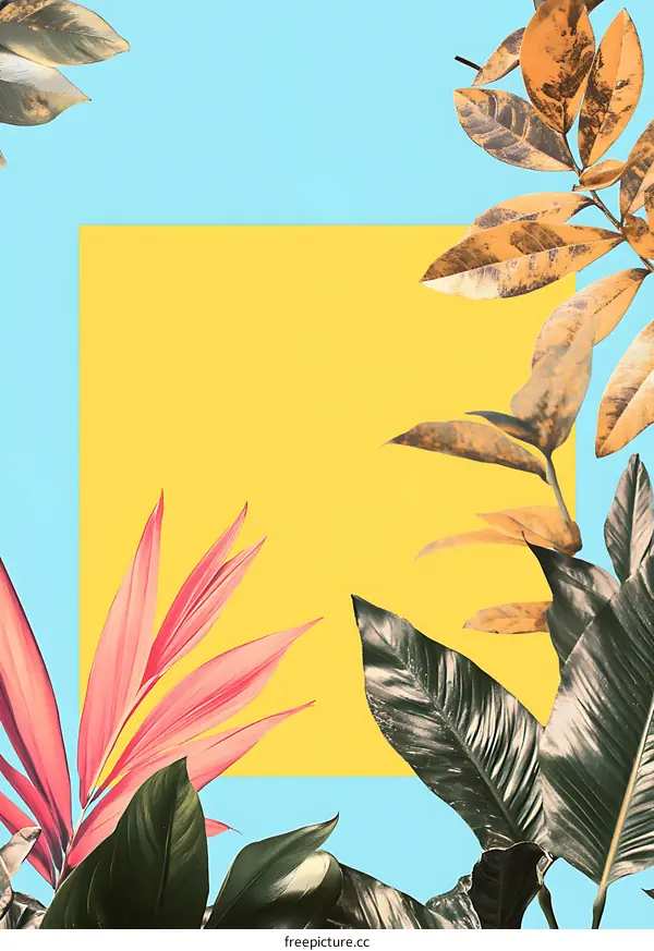 Tropical Leaf Collage with Yellow and Blue Background