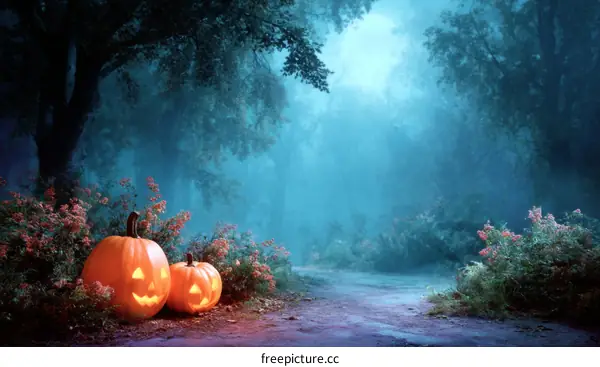 Spooky Halloween Forest Path with Jack-o-Lanterns