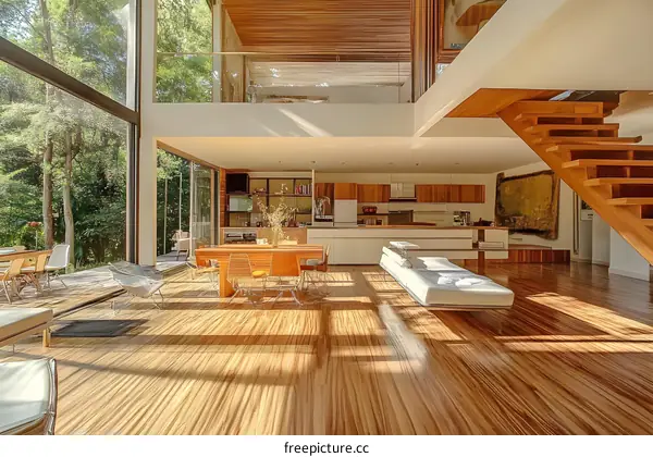 Modern Home Interior Design With Wooden Flooring And Large Windows